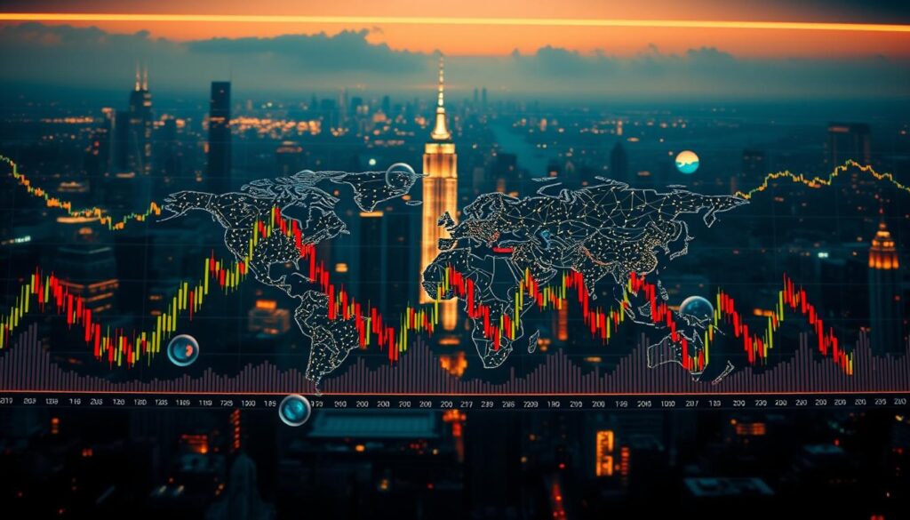 A data-rich visualization of the volatile crypto market, presented with a cinematic aesthetic. In the foreground, a dynamic chart displays the fluctuating prices of major cryptocurrencies, with candlestick patterns and line graphs capturing the market's turbulent movements. The midground features a world map, with pulsing nodes representing the global connectivity of the crypto ecosystem. In the background, a cityscape backdrop, its towering skyscrapers and neon lights conveying the high-stakes, fast-paced nature of the digital asset industry. Dramatic lighting, ranging from warm highlights to cool shadows, creates depth and atmosphere, while a cinematic camera angle suggests the grand scale and importance of the subject matter.