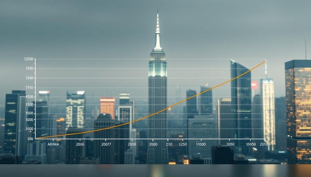 A data visualization contrasting the performance of ARIMA and machine learning models for cryptocurrency price prediction. In the foreground, a sleek, modern graph displays the forecasting accuracy of both models side-by-side, with clear visual distinction. The background features a cityscape of gleaming skyscrapers, representing the financial landscape. Lighting is soft and diffused, creating a professional, analytical atmosphere. The camera angle is slightly elevated, giving a bird's-eye perspective on the data. The overall mood is one of analytical rigor and technological advancement, inviting the viewer to explore the nuances of these predictive models.