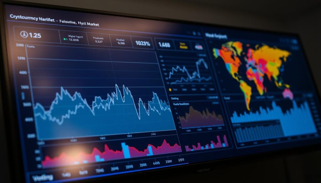 A data visualization dashboard displaying detailed graphs and charts analyzing the volatility of the cryptocurrency market. The foreground features a large line chart depicting the price fluctuations of major cryptocurrencies over time, with peaks and valleys highlighting the market's dynamic nature. The middle ground showcases a scatter plot visualizing the correlation between different crypto assets, and a histogram illustrating the frequency of price changes. In the background, a heat map provides an overview of the market's overall risk assessment, with regions of high volatility emphasized through the use of vibrant colors. The lighting is soft and diffused, creating a sense of clarity and professionalism, while the camera angle is slightly elevated to provide a comprehensive view of the analytical tools.