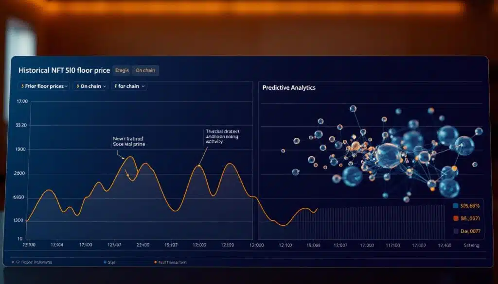 A data visualization dashboard showcasing historical NFT floor price trends and predictive analytics. In the foreground, a line chart depicts fluctuations in floor prices over time, with annotations highlighting key events and market drivers. In the middle ground, a scatter plot correlates floor prices with on-chain metrics like trading volume and unique wallet activity. The background features a 3D model of a blockchain network, its nodes pulsing with real-time transaction data. Warm lighting creates a professional, analytical atmosphere, while a minimalist color palette of blues and grays conveys a sense of data-driven insights. The overall composition aims to illustrate effective strategies for anticipating and capitalizing on NFT floor price movements. A data visualization dashboard showcasing historical NFT floor price trends and predictive analytics. In the foreground, a line chart depicts fluctuations in floor prices over time, with annotations highlighting key events and market drivers. In the middle ground, a scatter plot correlates floor prices with on-chain metrics like trading volume and unique wallet activity. The background features a 3D model of a blockchain network, its nodes pulsing with real-time transaction data. Warm lighting creates a professional, analytical atmosphere, while a minimalist color palette of blues and grays conveys a sense of data-driven insights. The overall composition aims to illustrate effective strategies for anticipating and capitalizing on NFT floor price movements.