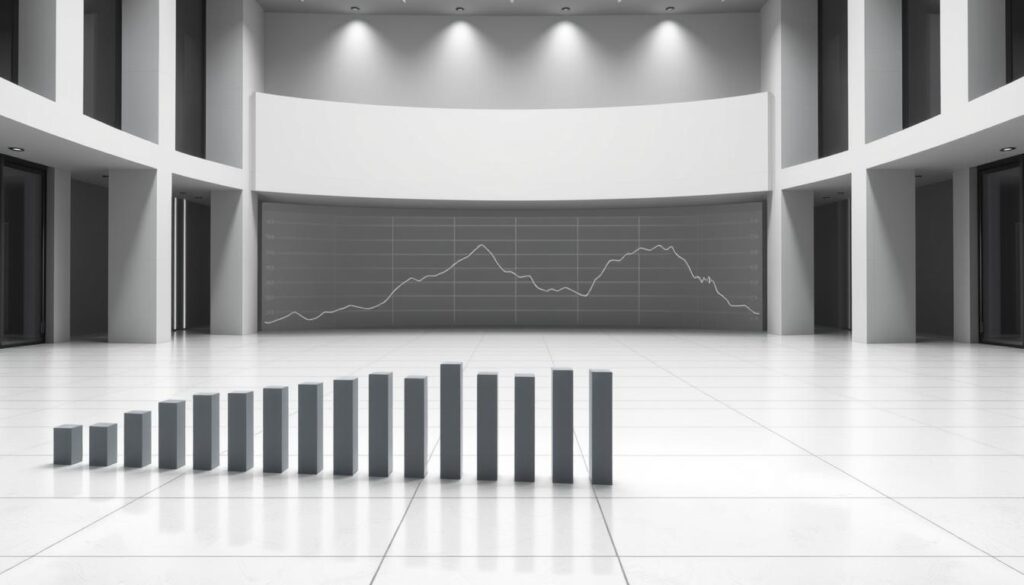 A data visualization depicting the concept of "time interval" for forecasting cryptocurrency volatility. The foreground shows a series of evenly spaced bars or candlesticks representing distinct time periods, such as hours or days, with varying heights to symbolize price fluctuations. The middle ground features a smooth, abstract graph or curve tracing the overall trends and patterns within the time series data. The background showcases a minimalist, architectural setting with clean lines and geometric shapes, evoking a sense of technological sophistication. The lighting is soft and diffused, creating a balanced, professional atmosphere. The composition emphasizes the relationship between discrete time segments and the broader, continuous market dynamics, conveying the importance of data design for robust machine learning predictions.
