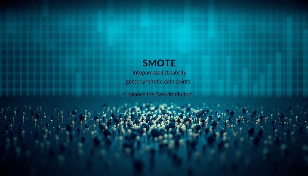 A data visualization diagram depicting SMOTE (Synthetic Minority Over-sampling Technique) integration. In the foreground, a set of scattered data points representing an imbalanced dataset. In the middle ground, a SMOTE algorithm is illustrated, generating synthetic data points to balance the class distribution. The background features a gridlike pattern symbolizing the data structure and a subtle blue-green color palette conveying a sense of technical precision. The scene is illuminated by soft, diffuse lighting, creating depth and highlighting the data points. The overall composition aims to convey the concept of data balancing techniques and their role in improving machine learning model performance. A data visualization diagram depicting SMOTE (Synthetic Minority Over-sampling Technique) integration. In the foreground, a set of scattered data points representing an imbalanced dataset. In the middle ground, a SMOTE algorithm is illustrated, generating synthetic data points to balance the class distribution. The background features a gridlike pattern symbolizing the data structure and a subtle blue-green color palette conveying a sense of technical precision. The scene is illuminated by soft, diffuse lighting, creating depth and highlighting the data points. The overall composition aims to convey the concept of data balancing techniques and their role in improving machine learning model performance.