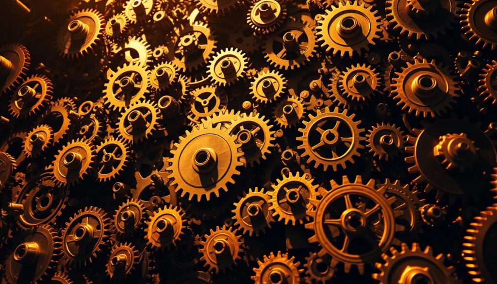 A densely interconnected network of gears and cogs, each representing a different blockchain integration challenge. Intricate mechanisms and moving parts, some meshing smoothly, others grinding against each other, symbolizing the complexities of integrating blockchain technology into existing supply chain systems. Warm, amber lighting casts dramatic shadows, creating a sense of intensity and urgency. The scene is shot from a low angle, emphasizing the scale and complexity of the challenges faced. An atmosphere of problem-solving and determination permeates the image, hinting at the need to overcome these obstacles to achieve greater transparency and visibility.