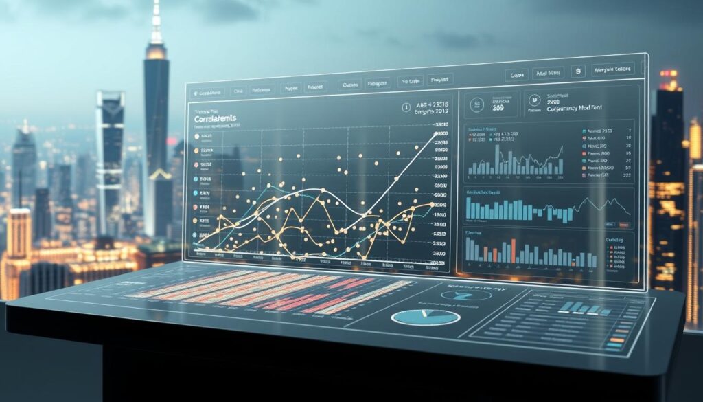A detailed 3D visualization of a cryptocurrency trading pair correlation analysis dashboard. The foreground features a sleek, holographic display panel showcasing a dynamic scatter plot of various cryptocurrency trading pairs, their prices, and correlation coefficients. The middle ground shows an array of intuitive data visualization tools, charts, and analytical widgets. The background depicts a futuristic, neon-lit cityscape with towering skyscrapers, hinting at the global scale and interconnectedness of the cryptocurrency markets. Elegant typography, clean lines, and a subdued color palette create a professional, data-driven atmosphere. Soft, directional lighting emphasizes the technological sophistication of the scene.