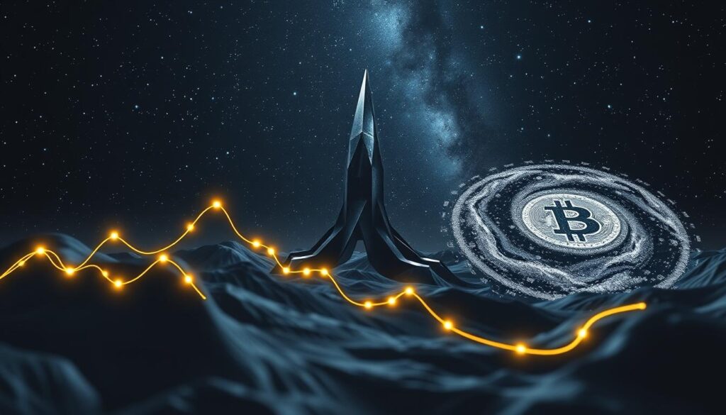 A detailed 3D visualization of the cyclic nature of the altcoin market, set against the backdrop of a starry night sky. In the foreground, a dynamic graph charts the rise and fall of various altcoins, their peaks and troughs represented by glowing nodes connected by undulating lines. The middle ground features a towering, crystalline structure that symbolizes the influence of Bitcoin, its facets shifting and refracting the light. In the distance, a swirling galaxy of alt-tokens ebbs and flows, mirroring the cycles depicted in the graph. Ambient lighting casts dramatic shadows, while a cinematic camera angle and depth of field create a sense of scale and immersion.