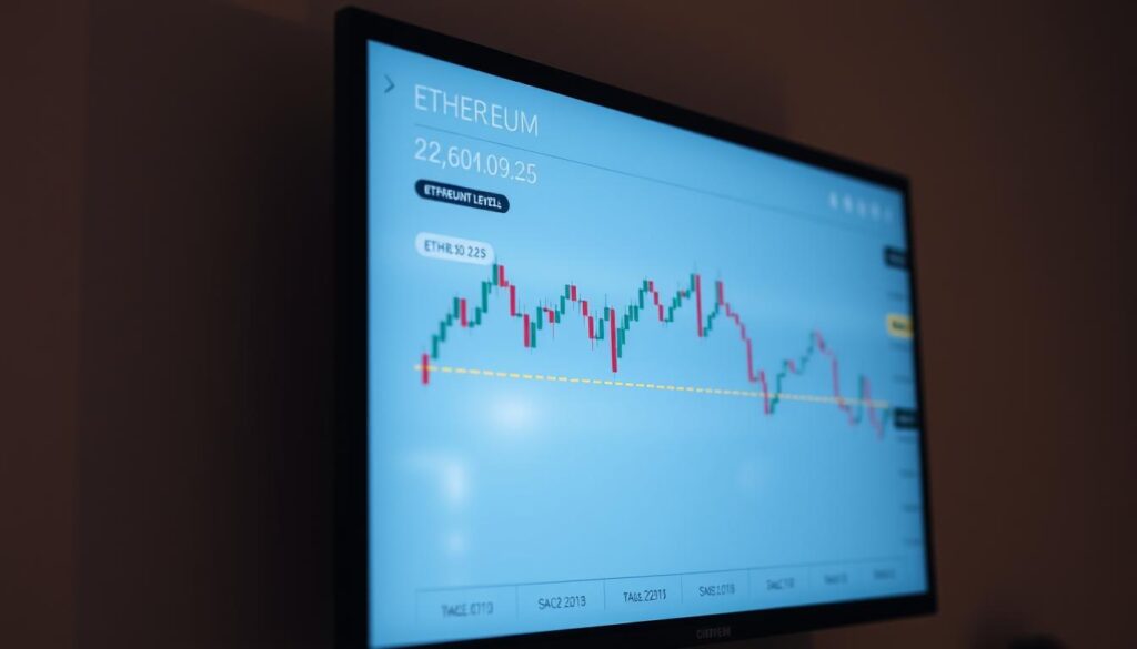 A detailed Ethereum price chart displayed on a digital screen, illuminated by soft, warm lighting that creates a sense of focus and clarity. The chart shows distinct horizontal support levels, represented by bold, labeled lines, indicating key price points where Ethereum's value has historically stabilized. The chart is set against a minimalist, neutral background, allowing the technical information to take center stage. The overall composition conveys a professional, analytical atmosphere, suited for an article exploring Ethereum's price dynamics and support levels. A detailed Ethereum price chart displayed on a digital screen, illuminated by soft, warm lighting that creates a sense of focus and clarity. The chart shows distinct horizontal support levels, represented by bold, labeled lines, indicating key price points where Ethereum's value has historically stabilized. The chart is set against a minimalist, neutral background, allowing the technical information to take center stage. The overall composition conveys a professional, analytical atmosphere, suited for an article exploring Ethereum's price dynamics and support levels.
