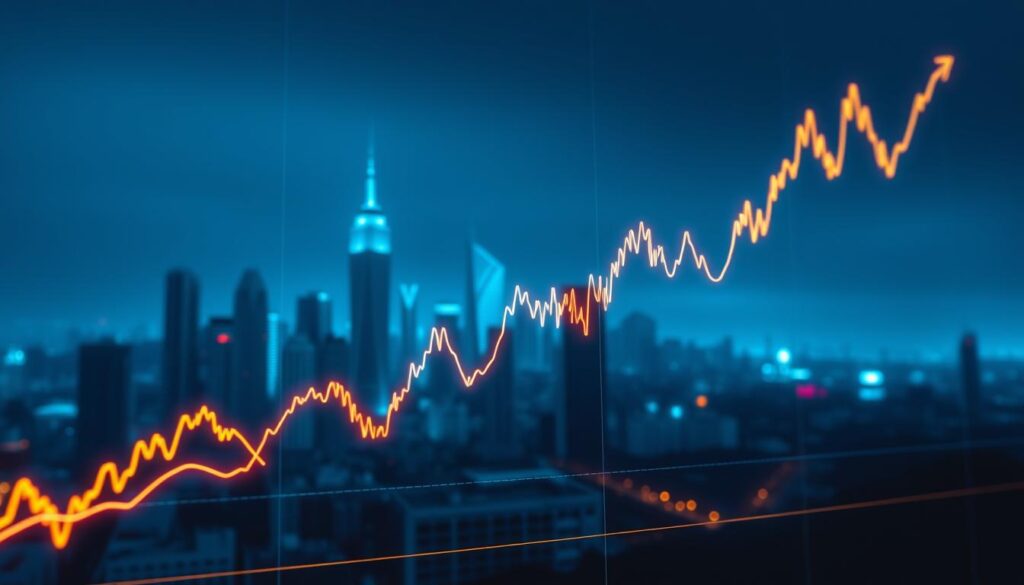 A detailed analysis of Bitcoin price paths, depicted with a sleek, futuristic aesthetic. A vibrant line graph in the foreground, showcasing potential price trajectories and resistance levels, rendered with precision and clarity. In the middle ground, a minimalist cityscape backdrop, hinting at the global impact of cryptocurrency. The scene is bathed in a cool, blue-tinted lighting, evoking a sense of technological advancement and financial sophistication. The overall composition conveys a data-driven, yet visually captivating representation of the potential future market trends for Bitcoin.