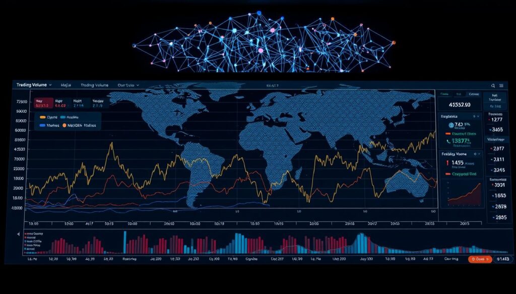 A detailed analysis of cryptocurrency trading volume over time, displayed on a large interactive dashboard. The foreground shows a line chart depicting the trading volume for major cryptocurrencies, with key insights and trend analysis highlighted. The middle ground features a world map, color-coded to illustrate global trading activity and correlations. In the background, a deep neural network visualization symbolizes the complex algorithmic trading models. Soft lighting and muted colors create a professional, data-driven atmosphere. The overall composition conveys the crucial role of trading volume in understanding cryptocurrency market cycles.