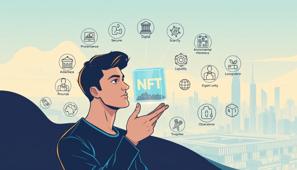 A detailed analysis of the benefits and challenges of NFT digital ownership, depicted in a stylish, clean-lined illustration. In the foreground, a central focus on a thoughtful human figure holding a transparent blockchain-powered NFT asset. Surrounding them, a middle ground of icons and symbols representing the key advantages and obstacles of this new technology - secure provenance, digital scarcity, liquidity, environmental impact, and more. In the background, a sleek, futuristic cityscape, with hints of both opportunity and uncertainty. The overall mood is one of considered reflection, with a balance of light and shadow, warm and cool tones, to convey the nuanced realities of this evolving digital landscape. A detailed analysis of the benefits and challenges of NFT digital ownership, depicted in a stylish, clean-lined illustration. In the foreground, a central focus on a thoughtful human figure holding a transparent blockchain-powered NFT asset. Surrounding them, a middle ground of icons and symbols representing the key advantages and obstacles of this new technology - secure provenance, digital scarcity, liquidity, environmental impact, and more. In the background, a sleek, futuristic cityscape, with hints of both opportunity and uncertainty. The overall mood is one of considered reflection, with a balance of light and shadow, warm and cool tones, to convey the nuanced realities of this evolving digital landscape.