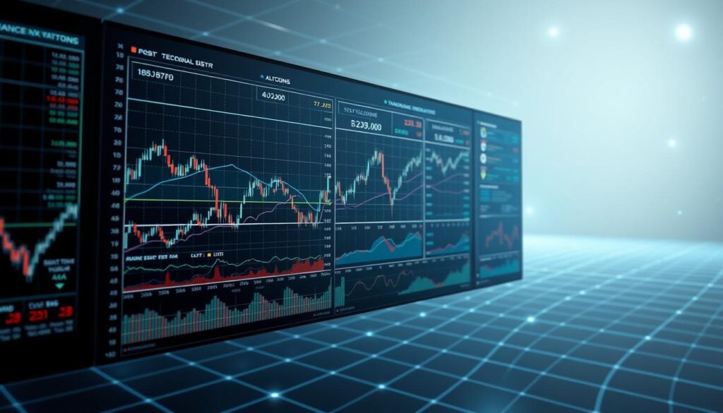 A detailed and complex data visualization on a sleek, modern digital display. The foreground features various line graphs and candlestick charts depicting the price movements and trends of various altcoins over time. The middle ground showcases key technical indicators, trading volumes, and market cap data overlaid on a stylized grid layout. The background has a minimalist, futuristic aesthetic with subtle grid patterns and holographic effects, creating a sense of depth and technological sophistication. The overall mood is one of analytical precision, data-driven insights, and a clear, uncluttered presentation of altcoin market analysis. A detailed and complex data visualization on a sleek, modern digital display. The foreground features various line graphs and candlestick charts depicting the price movements and trends of various altcoins over time. The middle ground showcases key technical indicators, trading volumes, and market cap data overlaid on a stylized grid layout. The background has a minimalist, futuristic aesthetic with subtle grid patterns and holographic effects, creating a sense of depth and technological sophistication. The overall mood is one of analytical precision, data-driven insights, and a clear, uncluttered presentation of altcoin market analysis.