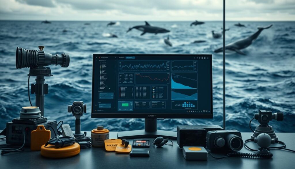 A detailed and technical image showcasing the tools and platforms used for tracking whale movements. In the foreground, an array of advanced tracking devices such as satellite tags, radio transmitters, and hydrophones are prominently displayed, highlighting their precise monitoring capabilities. In the middle ground, a large monitor displays a data visualization dashboard, providing real-time insights into whale migration patterns and behavior. The background features a serene, oceanic landscape with swirling currents and a school of whales in the distance, captured with a cinematic, wide-angle lens and dramatic lighting to convey the grandeur of the marine environment. The overall mood is one of scientific rigor, technological innovation, and a deep respect for the natural world.