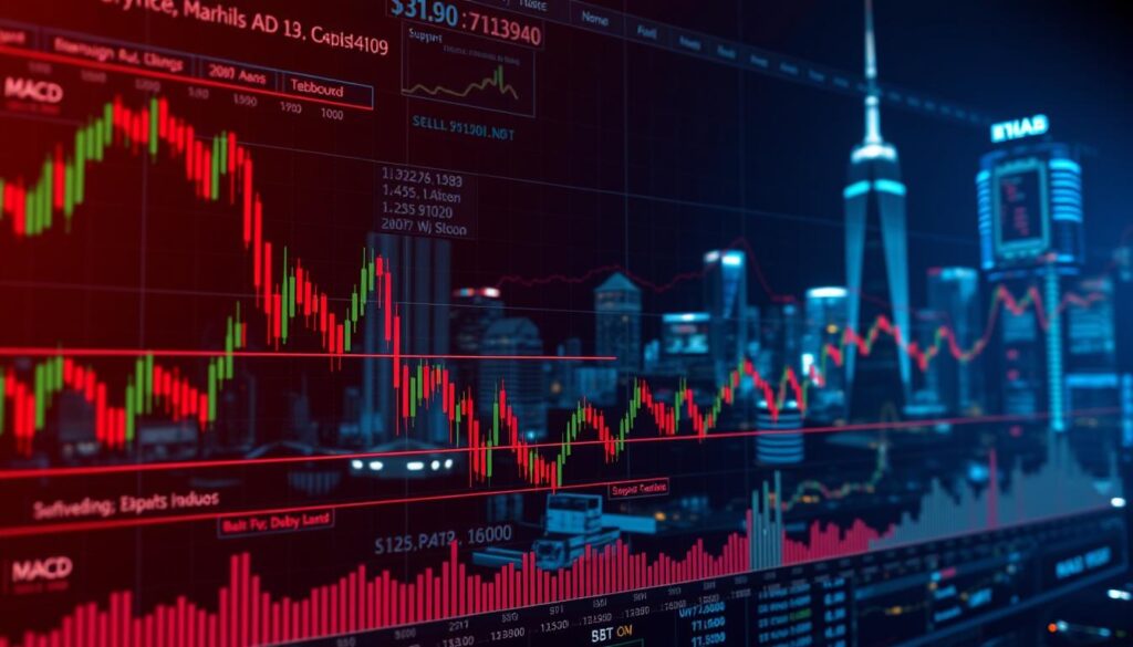 A detailed and technical visualization of various cryptocurrency market indicators. In the foreground, a dynamic array of candlestick charts, MACD oscillators, and Bollinger Bands, rendered with high precision. In the middle ground, a series of trend lines, support and resistance levels, and volume histograms, all seamlessly integrated. The background features a futuristic, neon-lit cityscape, symbolizing the fast-paced and evolving nature of the crypto landscape. The lighting is crisp and directional, casting dramatic shadows and highlights to accentuate the technical details. The overall composition conveys a sense of analytical depth and data-driven decision making, perfectly suited to illustrate the "Technical indicators and microstructure features" section of the article.