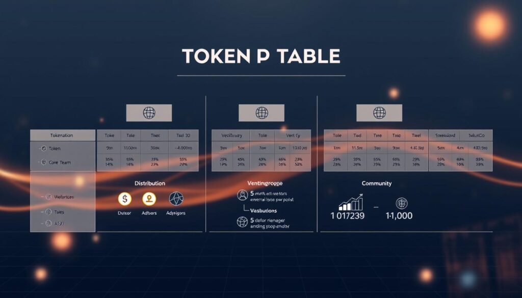 A detailed and visually compelling token cap table illustration, featuring a sleek and modern design. The foreground showcases a clean, minimalist layout of token allocation, distribution, and vesting schedules, displayed as a series of elegant and precisely arranged blocks and circles. The middle ground incorporates stylized icons and data visualizations to represent different stakeholder groups, such as the core team, advisors, and the community. The background subtly evokes a blockchain-inspired motif, with a faint grid pattern and a soft, ethereal glow, creating a sense of technological sophistication and innovation. The overall mood is one of precision, clarity, and a deep understanding of the essential elements of a well-designed token cap table.