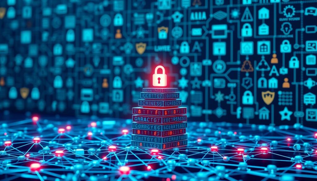 A detailed blockchain network visualization showcasing various security mechanisms. In the foreground, a cluster of interconnected nodes representing encrypted data transactions, protected by advanced cryptography. In the middle ground, a series of blockchain blocks stacked with complex algorithms, symbolizing the tamper-resistant nature of the distributed ledger. In the background, a matrix of cybersecurity icons and symbols, such as firewalls, authentication protocols, and intrusion detection systems, highlighting the robust security framework. The scene is bathed in a cool, futuristic color palette, creating a sense of technological sophistication and digital prowess.