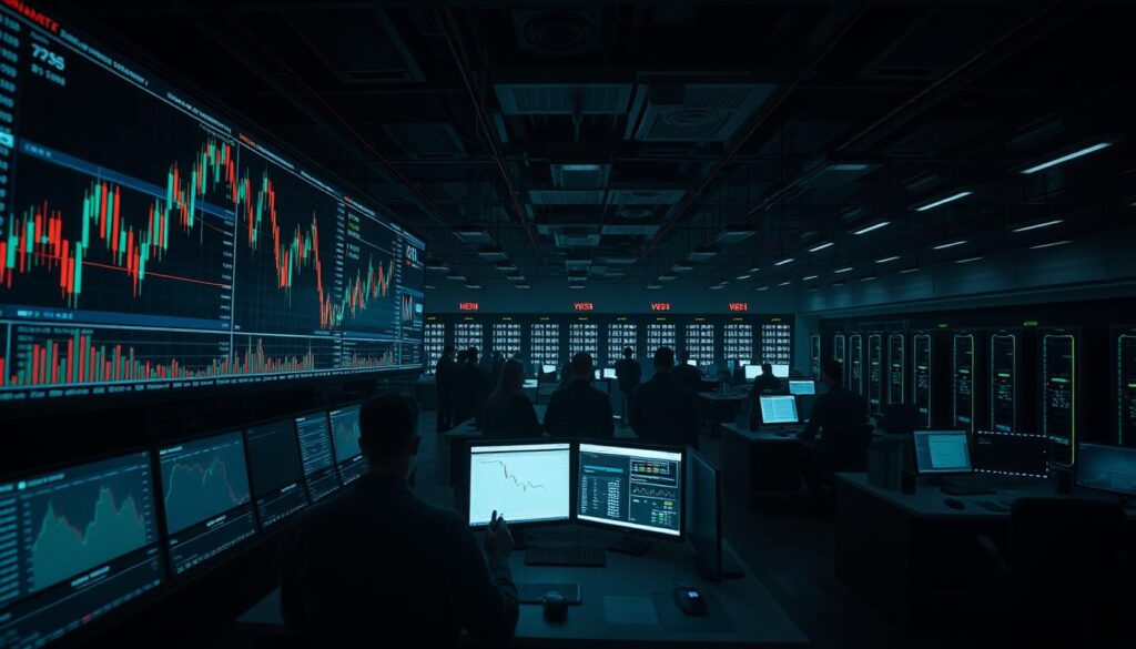 A detailed centralized exchange liquidation chart against a backdrop of a dimly lit trading floor. In the foreground, a series of candle charts and trading indicators flicker across multiple displays, reflecting the volatility of the cryptocurrency markets. In the middle ground, a group of traders intently monitor their screens, their faces illuminated by the glow of data visualizations. In the background, a panoramic view of the exchange's control center, with banks of servers and communication hubs casting an ominous technological ambiance. Dramatic chiaroscuro lighting casts long shadows, heightening the sense of tension and uncertainty surrounding the liquidation event. A detailed centralized exchange liquidation chart against a backdrop of a dimly lit trading floor. In the foreground, a series of candle charts and trading indicators flicker across multiple displays, reflecting the volatility of the cryptocurrency markets. In the middle ground, a group of traders intently monitor their screens, their faces illuminated by the glow of data visualizations. In the background, a panoramic view of the exchange's control center, with banks of servers and communication hubs casting an ominous technological ambiance. Dramatic chiaroscuro lighting casts long shadows, heightening the sense of tension and uncertainty surrounding the liquidation event.