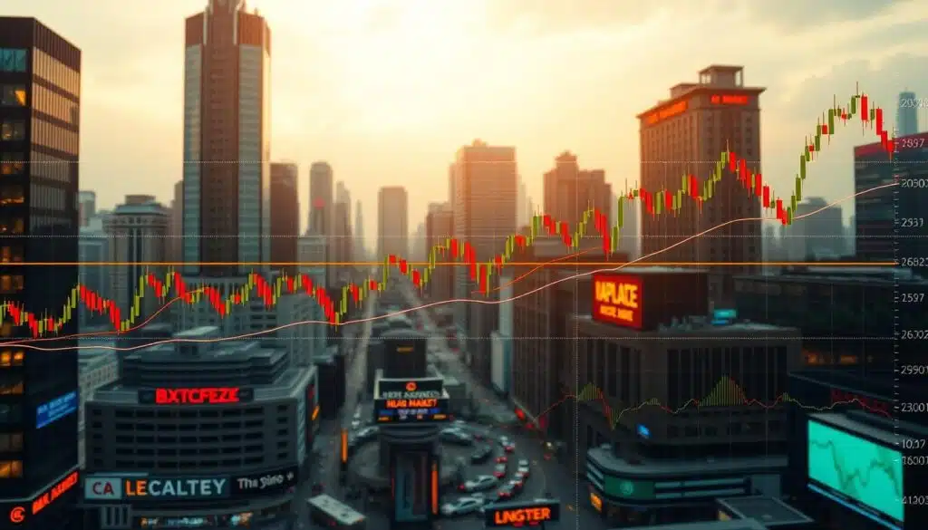 A detailed chart displaying a variety of technical indicators, including candlestick patterns, moving averages, and oscillators, against a backdrop of a cityscape with skyscrapers and a bustling stock market. The chart is illuminated by a warm, golden light, conveying a sense of expertise and mastery. The scene is captured from a slightly elevated angle, giving the viewer a comprehensive overview of the technical analysis landscape. The overall atmosphere is one of focus, clarity, and a deep understanding of the financial markets. A detailed chart displaying a variety of technical indicators, including candlestick patterns, moving averages, and oscillators, against a backdrop of a cityscape with skyscrapers and a bustling stock market. The chart is illuminated by a warm, golden light, conveying a sense of expertise and mastery. The scene is captured from a slightly elevated angle, giving the viewer a comprehensive overview of the technical analysis landscape. The overall atmosphere is one of focus, clarity, and a deep understanding of the financial markets.
