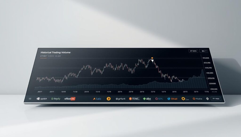A detailed chart displaying historical cryptocurrency trading volume trends, showcased on a sleek, minimalist interface. The foreground features a large, dynamic line graph that illustrates the ebbs and flows of trading activity over an extended period, with key data points and markers highlighted. The middle ground depicts various cryptocurrency exchange logos and brand elements, subtly integrated to provide context. The background is a muted, gradient-based palette, allowing the data visualization to take center stage in a clean, professional manner. Soft, directional lighting casts a subtle, contemplative mood, emphasizing the analytical nature of the content. The overall composition aims to convey a sense of objective market insight and data-driven decision making. A detailed chart displaying historical cryptocurrency trading volume trends, showcased on a sleek, minimalist interface. The foreground features a large, dynamic line graph that illustrates the ebbs and flows of trading activity over an extended period, with key data points and markers highlighted. The middle ground depicts various cryptocurrency exchange logos and brand elements, subtly integrated to provide context. The background is a muted, gradient-based palette, allowing the data visualization to take center stage in a clean, professional manner. Soft, directional lighting casts a subtle, contemplative mood, emphasizing the analytical nature of the content. The overall composition aims to convey a sense of objective market insight and data-driven decision making.