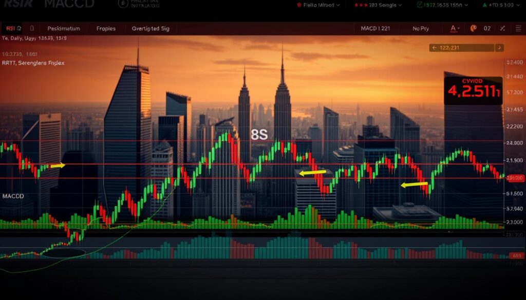 A detailed chart showcasing the interplay between the Relative Strength Index (RSI) and the Moving Average Convergence Divergence (MACD) technical indicators against the backdrop of a sleek, futuristic crypto trading terminal. The foreground features the RSI and MACD lines undulating in a rhythmic dance, their patterns and divergences highlighted in vivid hues. The middle ground displays candlestick charts, trading volume metrics, and other crucial data visualizations, all rendered in a clean, minimalist style. The background depicts a sweeping cityscape of skyscrapers, their reflective facades evoking the cutting-edge technology powering the crypto markets. Warm, muted lighting casts a sense of authority and professionalism, guiding the viewer's focus to the technical indicators and their decisive role in effective cryptocurrency trading strategies.