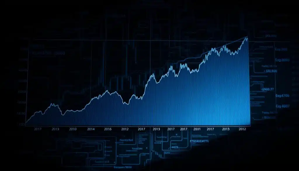 A detailed chart showing the historical price fluctuations of Bitcoin (BTC) against a dark, technical backdrop. The chart is rendered in shades of blue and grey, with clear data points and trend lines tracing the cryptocurrency's volatile movements over time. The background features a complex network of financial data streams and algorithms, conveying the analytical nature of the subject. Subtle lighting casts dramatic shadows, creating depth and emphasizing the weight of the data. The overall composition strikes a balance between the empirical and the visually compelling, capturing the essence of a comprehensive BTC price history analysis.