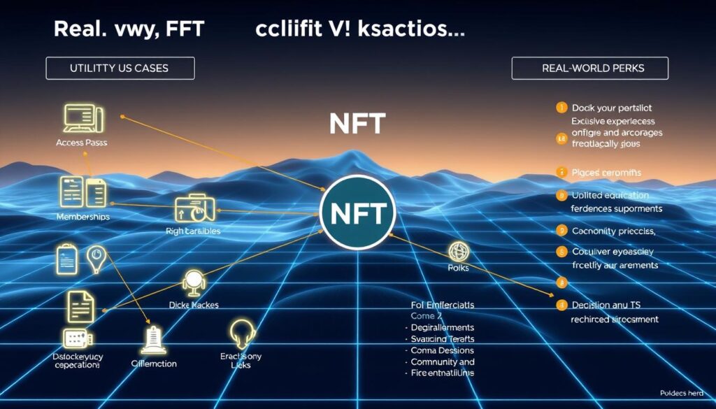 A detailed, clean, and well-organized diagram illustrating the real-world and digital benefits of utility NFTs. The foreground depicts various utility NFT use cases like access passes, memberships, and digital collectibles, all connected to a central hub. The middle ground showcases how these NFTs unlock real-world perks such as exclusive experiences, discounts, and community interactions. The background features a sleek, futuristic landscape with glowing grid lines, conveying the integration of blockchain technology. Lighting is soft and diffused, creating a balanced, professional tone. The overall composition is harmonious, guiding the viewer's eye through the different layers of utility NFT benefits.