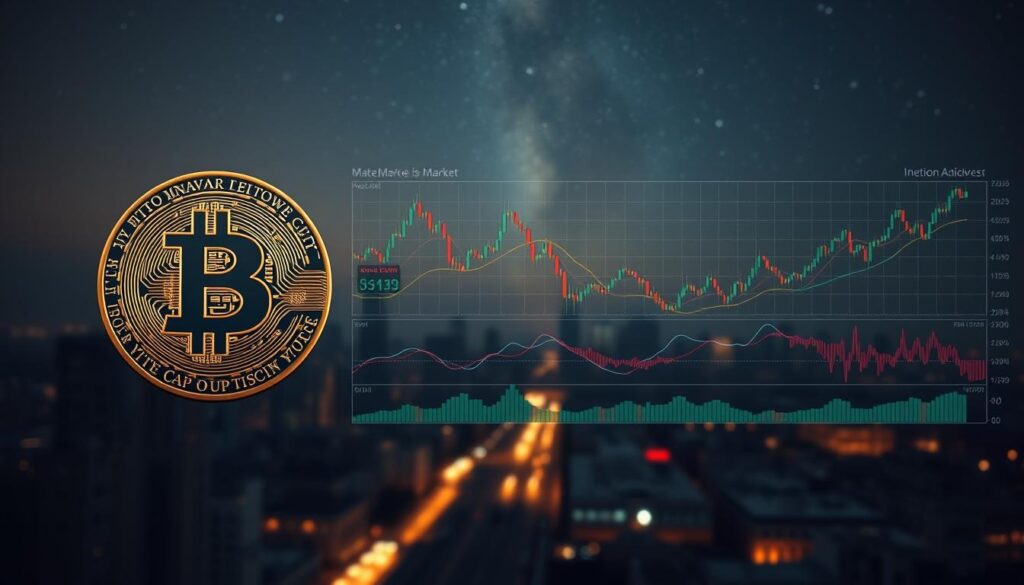 A detailed comparison of Bitcoin's dominance in the cryptocurrency market, contrasted against key technical analysis indicators. Foreground depicts a Bitcoin logo, its market cap dominance represented by a pie chart. Midground showcases a series of candlestick charts, line graphs, and technical oscillators tracking Bitcoin's price behavior. Background blends a muted cityscape with a starry night sky, conveying the global scale and long-term perspective. Lighting is soft and moody, with a cinematic depth of field. The overall tone is one of data-driven analysis, inviting the viewer to explore the complex dynamics shaping the Bitcoin ecosystem. A detailed comparison of Bitcoin's dominance in the cryptocurrency market, contrasted against key technical analysis indicators. Foreground depicts a Bitcoin logo, its market cap dominance represented by a pie chart. Midground showcases a series of candlestick charts, line graphs, and technical oscillators tracking Bitcoin's price behavior. Background blends a muted cityscape with a starry night sky, conveying the global scale and long-term perspective. Lighting is soft and moody, with a cinematic depth of field. The overall tone is one of data-driven analysis, inviting the viewer to explore the complex dynamics shaping the Bitcoin ecosystem.