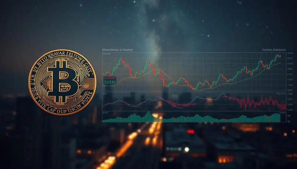 A detailed comparison of Bitcoin's dominance in the cryptocurrency market, contrasted against key technical analysis indicators. Foreground depicts a Bitcoin logo, its market cap dominance represented by a pie chart. Midground showcases a series of candlestick charts, line graphs, and technical oscillators tracking Bitcoin's price behavior. Background blends a muted cityscape with a starry night sky, conveying the global scale and long-term perspective. Lighting is soft and moody, with a cinematic depth of field. The overall tone is one of data-driven analysis, inviting the viewer to explore the complex dynamics shaping the Bitcoin ecosystem.