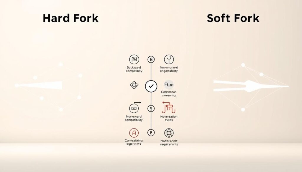 A detailed comparison of a hard fork and a soft fork in blockchain technology, captured in a clean, minimalist illustration. In the foreground, two interconnected blockchain networks represent the core systems, one with a sharp, angular fork symbolizing a hard fork, the other with a smooth, gradual fork for a soft fork. The middle ground features icons and symbols that highlight the key technical differences, such as backward compatibility, consensus rules, and node requirements. The background is a serene, neutral-toned gradient, allowing the central comparison to take center stage. Lighting is soft and diffuse, creating a sense of clarity and focus on the technical subject matter.
