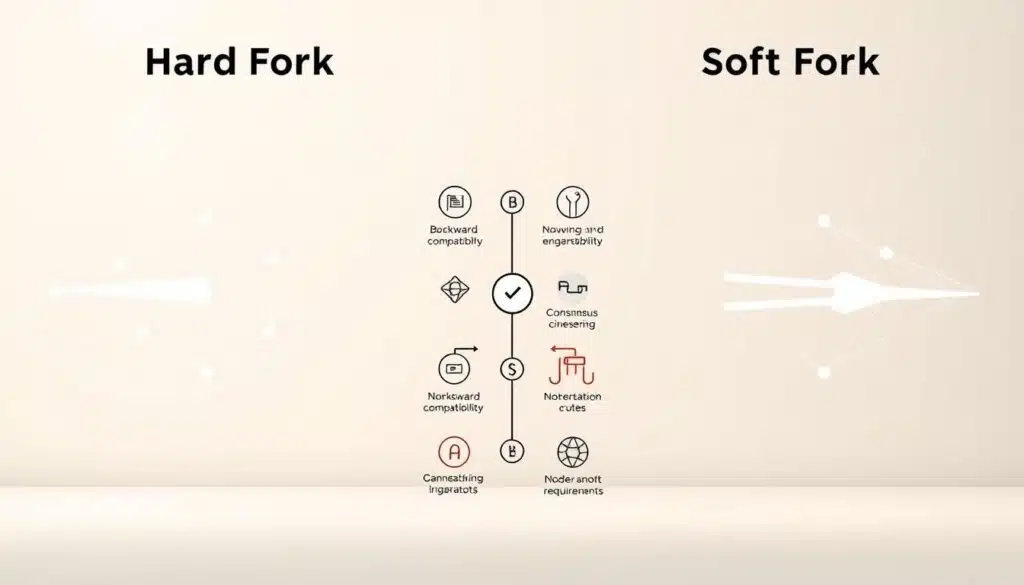A detailed comparison of a hard fork and a soft fork in blockchain technology, captured in a clean, minimalist illustration. In the foreground, two interconnected blockchain networks represent the core systems, one with a sharp, angular fork symbolizing a hard fork, the other with a smooth, gradual fork for a soft fork. The middle ground features icons and symbols that highlight the key technical differences, such as backward compatibility, consensus rules, and node requirements. The background is a serene, neutral-toned gradient, allowing the central comparison to take center stage. Lighting is soft and diffuse, creating a sense of clarity and focus on the technical subject matter.