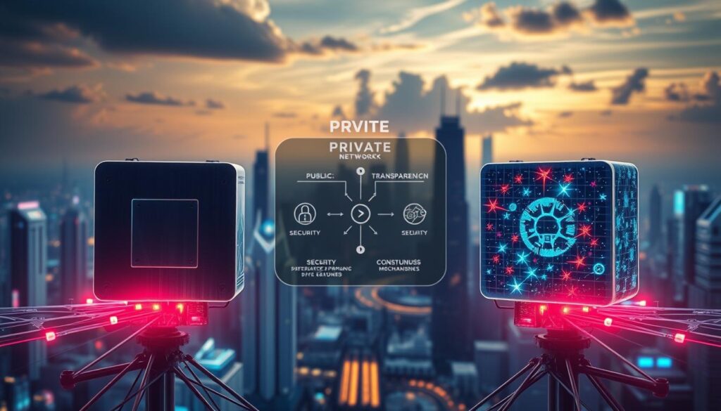 A detailed comparison of private and public blockchain networks, set against a futuristic digital landscape. In the foreground, two interconnected blockchain nodes, one representing a private network in sleek metallic tones, the other a public network in vibrant hues. In the middle ground, a holographic display showcases key differences - accessibility, transparency, security, and consensus mechanisms. The background features a cityscape of towering digital infrastructure, with a luminous sky backdrop hinting at the vast potential of decentralized technologies. Dramatic cinematic lighting casts dynamic shadows, emphasizing the contrast and complexity of these blockchain paradigms. The overall tone is one of technological sophistication and the strategic considerations underlying the public-private blockchain dichotomy.