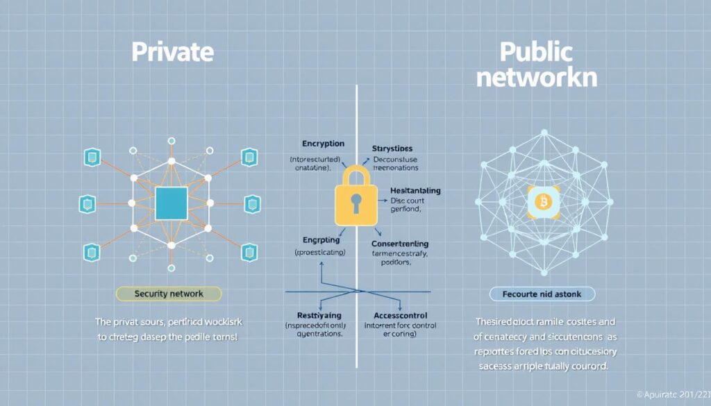 A detailed comparison of security features between private and public blockchain networks, depicted in a clean, technical illustration. The foreground shows two contrasting blockchain diagrams, one representing a private, centralized network and the other a decentralized public network. The middle ground highlights key security metrics like encryption, consensus mechanisms, and access control, visually comparing the differences. The background has a subtle grid pattern, conveying the technological underpinnings, with soft lighting to create a calm, authoritative atmosphere. The overall composition should feel balanced, informative, and suitable for an academic article on blockchain security.