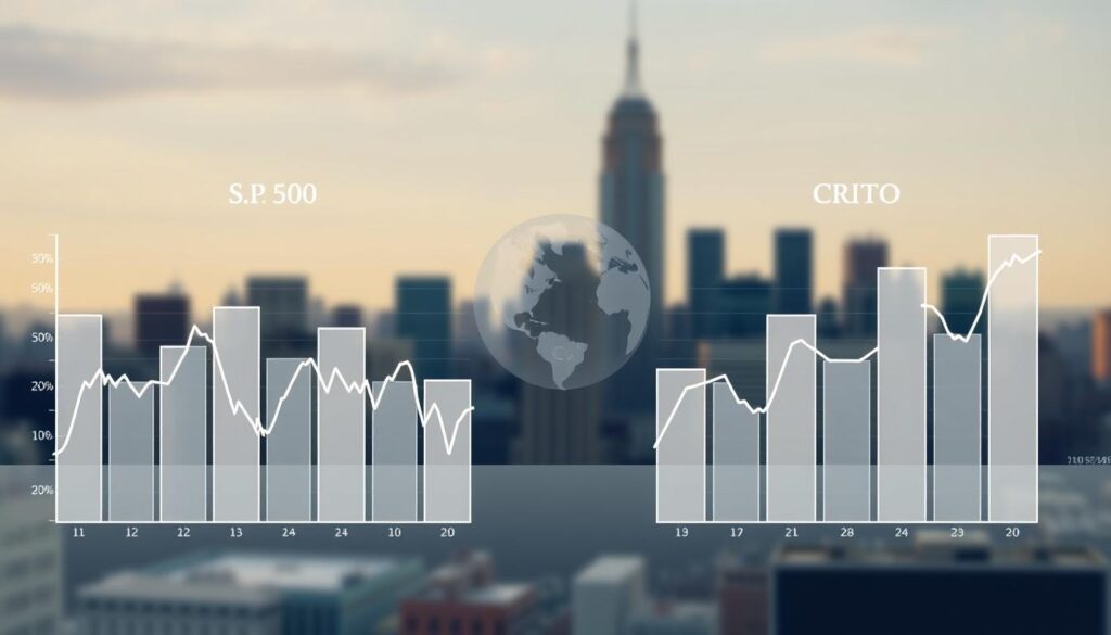 A detailed comparison of traditional stock market indices and cryptocurrency indices, captured in a stylish, data-driven illustration. In the foreground, two parallel bar charts display the historical performance of a major stock index (e.g. S&P 500) and a leading crypto index (e.g. CRIX). The charts are rendered in a clean, infographic style with crisp, minimalist lines and a neutral color palette. In the middle ground, subtle wireframe globe and blockchain visual elements allude to the global, decentralized nature of the crypto markets. The background features a softly blurred cityscape, symbolizing the intersection of traditional finance and the digital asset space. The overall mood is one of analytical rigor, technological innovation, and financial sophistication. A detailed comparison of traditional stock market indices and cryptocurrency indices, captured in a stylish, data-driven illustration. In the foreground, two parallel bar charts display the historical performance of a major stock index (e.g. S&P 500) and a leading crypto index (e.g. CRIX). The charts are rendered in a clean, infographic style with crisp, minimalist lines and a neutral color palette. In the middle ground, subtle wireframe globe and blockchain visual elements allude to the global, decentralized nature of the crypto markets. The background features a softly blurred cityscape, symbolizing the intersection of traditional finance and the digital asset space. The overall mood is one of analytical rigor, technological innovation, and financial sophistication.