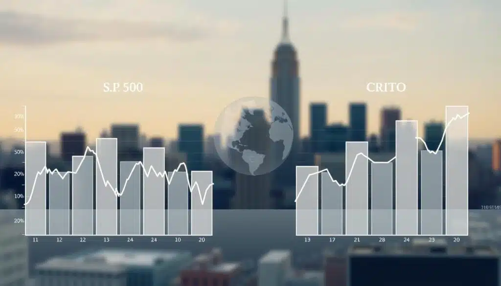 A detailed comparison of traditional stock market indices and cryptocurrency indices, captured in a stylish, data-driven illustration. In the foreground, two parallel bar charts display the historical performance of a major stock index (e.g. S&P 500) and a leading crypto index (e.g. CRIX). The charts are rendered in a clean, infographic style with crisp, minimalist lines and a neutral color palette. In the middle ground, subtle wireframe globe and blockchain visual elements allude to the global, decentralized nature of the crypto markets. The background features a softly blurred cityscape, symbolizing the intersection of traditional finance and the digital asset space. The overall mood is one of analytical rigor, technological innovation, and financial sophistication.