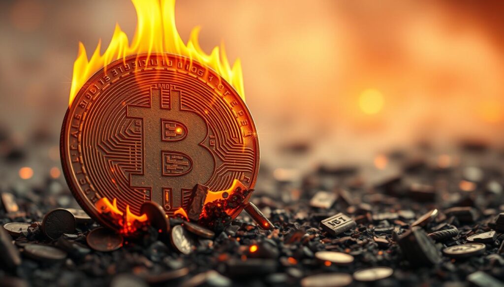 A detailed cross-section of a burning cryptocurrency token, illuminated by a warm orange glow. In the foreground, the token's structure is disintegrating, with individual coins and fragments being consumed by the flames. The middle ground depicts the intricate inner workings of the token's blockchain, with lines of code and transaction data visible. In the background, a hazy, ethereal environment suggests the broader financial ecosystem in which the token operates. Realistic textures, dynamic lighting, and a sense of depth and movement convey the intensity and importance of the burning mechanism in cryptocurrency tokenomics.