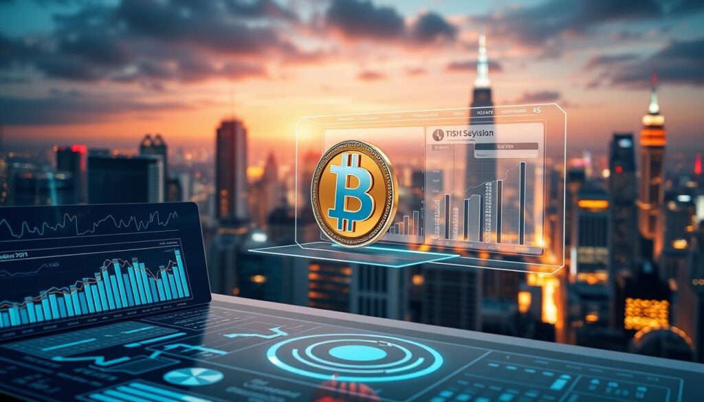 A detailed crypto risk management strategy illustration featuring a sleek, futuristic data visualization dashboard. The foreground displays an interactive infographic with charts, graphs, and risk metrics. The middle ground showcases a 3D model of a crypto coin, floating amidst a holographic interface. In the background, a cityscape backdrop with skyscrapers, neon lights, and a night sky create an urban, high-tech ambiance. Soft, directional lighting illuminates the scene, creating depth and a sense of sophistication. The overall mood is one of control, analysis, and prudent decision-making in the volatile cryptocurrency markets.