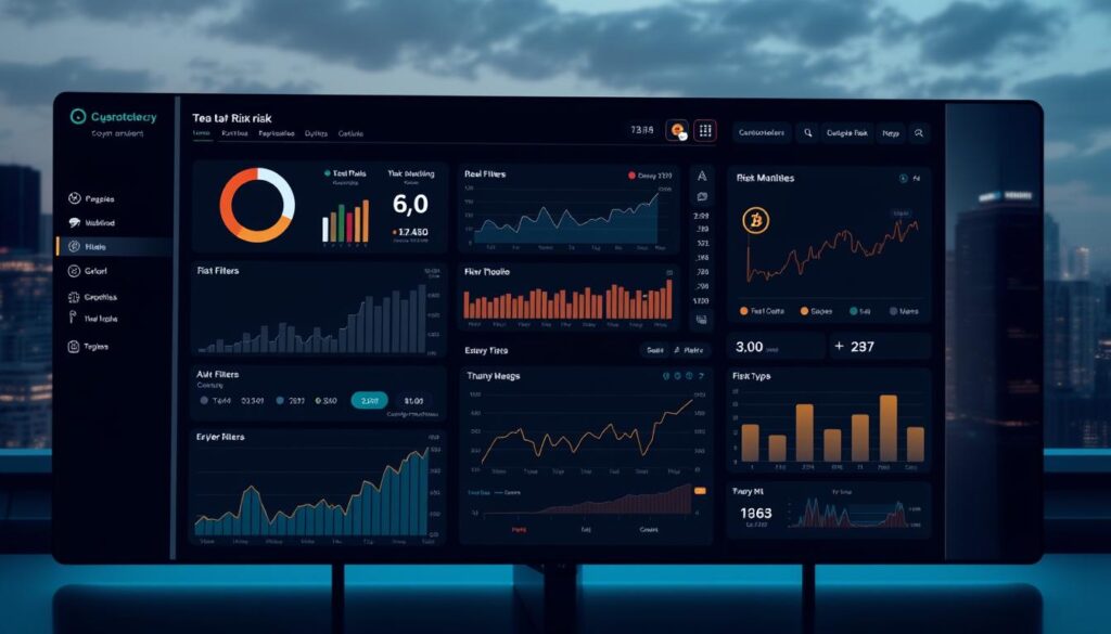 A detailed dashboard interface for cryptocurrency risk management software, showcasing real-time data visualizations and analytical tools. In the foreground, a clean, minimalist layout displays charts, graphs, and risk assessment metrics against a backdrop of a sleek, dark-themed control panel. Subtle lighting casts a soft glow, creating a professional, high-tech atmosphere. The middle ground features interactive data filters, portfolio monitoring, and customizable alert systems. In the background, a cityscape with skyscrapers symbolizes the global financial landscape, emphasizing the software's enterprise-level capabilities for institutional crypto risk management.