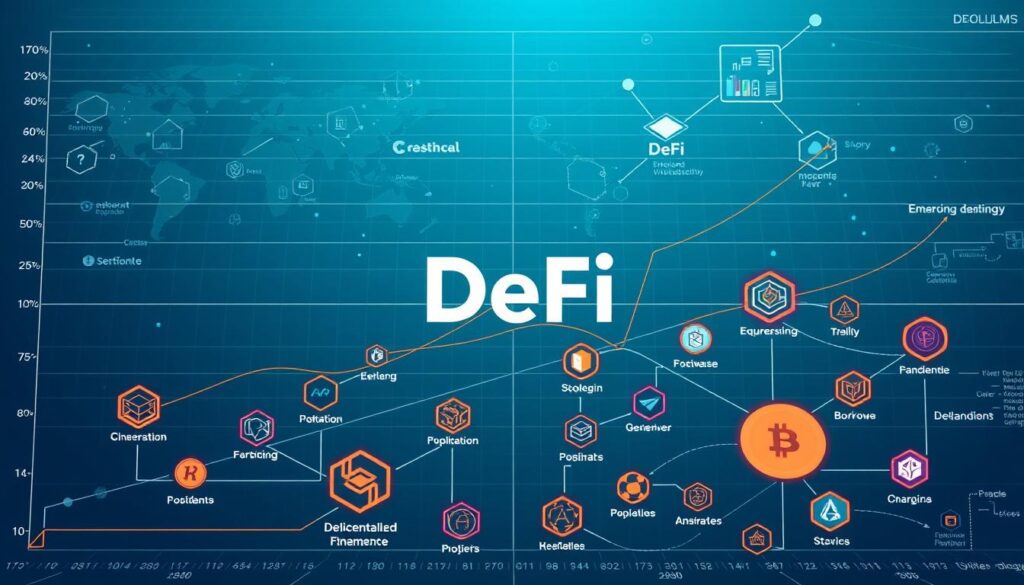 A detailed, data-driven diagram showcasing the growth and expansion of the decentralized finance (DeFi) ecosystem. Rendered in a sleek, minimalist style with clean lines and geometric shapes, the image depicts the interconnected components and key sectors that comprise the DeFi landscape. The foreground features prominent DeFi protocols and platforms, represented by vibrant, modular icons, arranged in a dynamic, interconnected layout. The middle ground highlights the various financial instruments and services that make up the DeFi ecosystem, such as lending, borrowing, staking, and trading. In the background, a grid-like structure visualizes the underlying blockchain infrastructure and emerging technologies that enable DeFi, creating a sense of technological sophistication. The entire scene is bathed in a cool, futuristic color palette, evoking a sense of innovation and progress within the decentralized finance space.