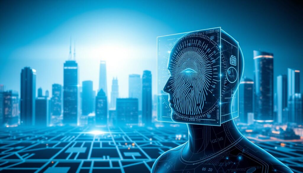 A detailed digital identity verification system set against a sleek, futuristic backdrop. In the foreground, a holographic biometric scanner analyzes the user's iris and fingerprints, with data flowing through a series of interconnected blockchain nodes. The middle ground features a shimmering digital interface displaying verification statuses and security protocols. In the background, a cityscape of gleaming skyscrapers and towering data centers cast a cool, technological glow. Dramatic lighting and a minimalist color palette of blues, grays, and whites evoke a sense of modern, cutting-edge innovation in identity management.