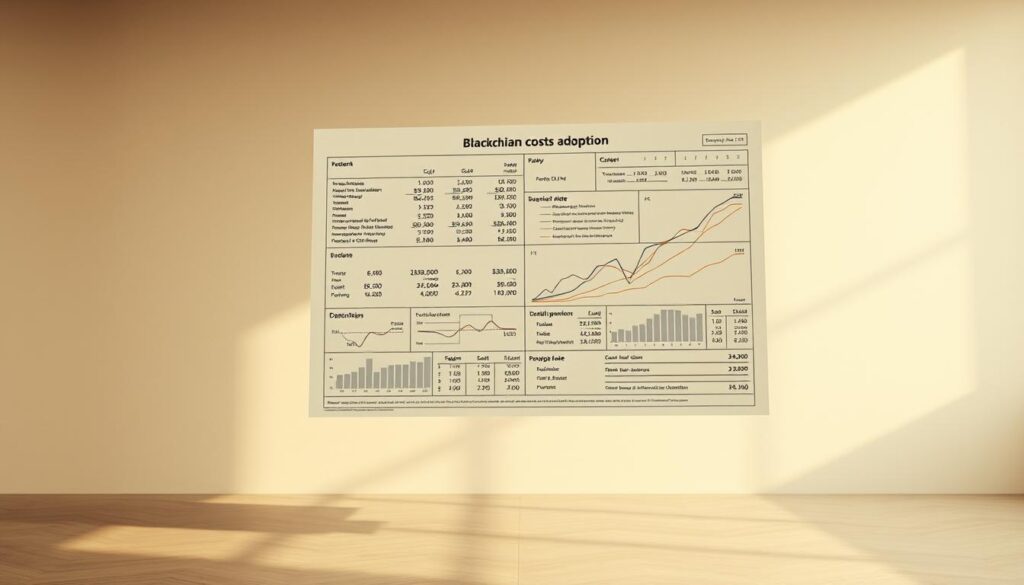 A detailed financial chart floating in a serene, minimalist environment. Rendered in muted, earthy tones, the chart displays intricate calculations and graphs that analyze the opportunity costs of blockchain adoption. Crisp, high-resolution details capture the complexity of the analysis, while the tranquil backdrop suggests a thoughtful, analytical approach. Soft directional lighting casts subtle shadows, adding depth and dimension to the scene. The overall atmosphere is one of careful consideration and informed decision-making.