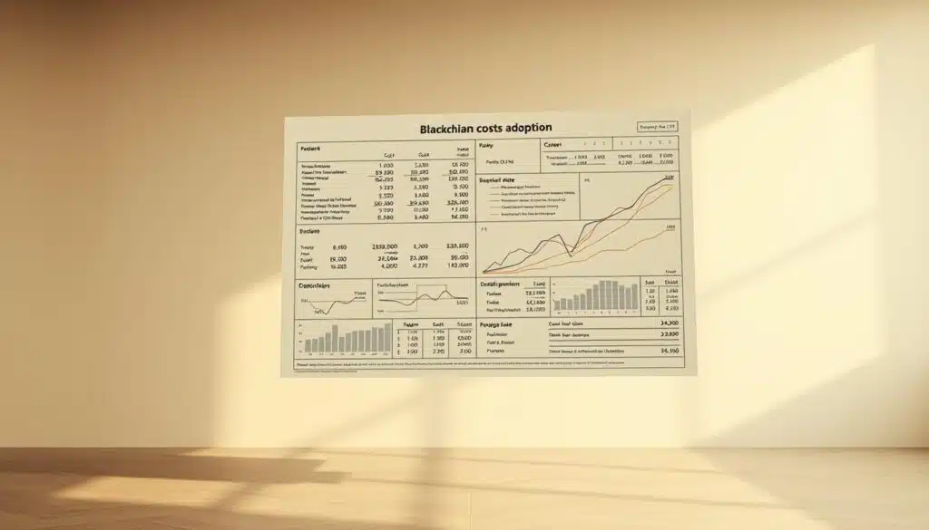 A detailed financial chart floating in a serene, minimalist environment. Rendered in muted, earthy tones, the chart displays intricate calculations and graphs that analyze the opportunity costs of blockchain adoption. Crisp, high-resolution details capture the complexity of the analysis, while the tranquil backdrop suggests a thoughtful, analytical approach. Soft directional lighting casts subtle shadows, adding depth and dimension to the scene. The overall atmosphere is one of careful consideration and informed decision-making.