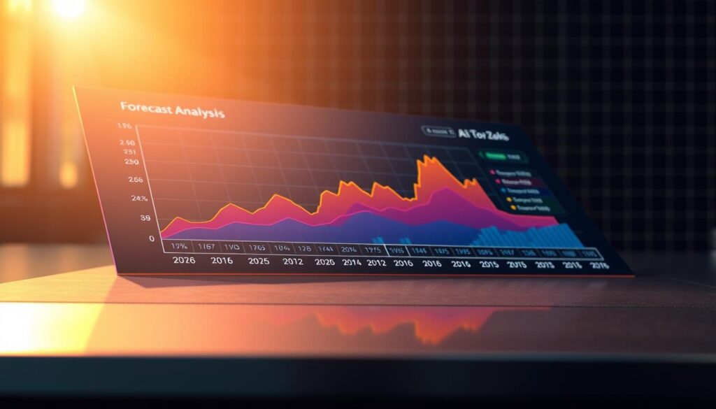 A detailed forecast analysis chart on a sleek, metallic surface, illuminated by warm, directional lighting. The chart displays a line graph with projected price movements for the year 2026, rendered in a vibrant color palette. In the foreground, an array of financial data points and annotations provide key insights, while the background features a subtle grid pattern hinting at the complex algorithms powering the analysis. The overall composition conveys a sense of precision, authority, and forward-thinking optimism about the future of the AI token market.