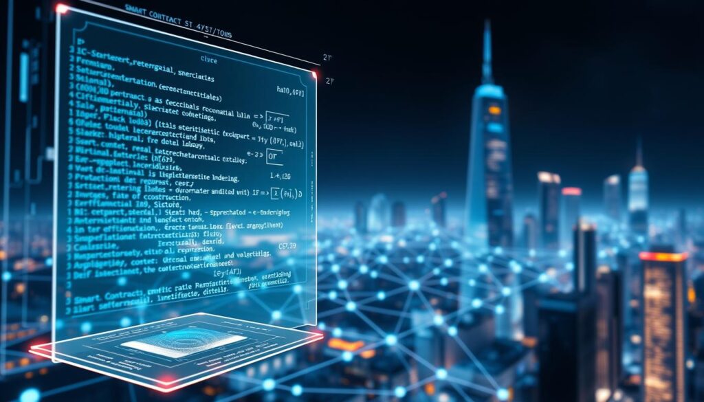 A detailed futuristic illustration of smart contracts and decentralized finance (DeFi) applications. In the foreground, a transparent holographic interface displays lines of code and complex mathematical equations, representing the underlying automation and logic of smart contracts. In the middle ground, a stylized blockchain network flows with information streams, symbolizing the distributed ledger technology that powers DeFi. The background depicts a sleek, high-tech cityscape, hinting at the integration of this advanced financial infrastructure into the urban landscape. The overall scene conveys a sense of innovation, security, and the convergence of artificial intelligence and cryptocurrency technologies.