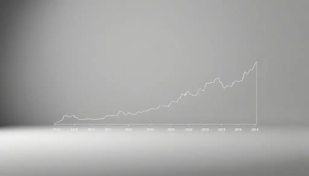 A detailed historical Bitcoin dominance analysis chart, rendered in a clean, professional style. The chart occupies the foreground, with a minimalist grey background. The data is presented in a clear, easy-to-interpret line graph, showing the ups and downs of Bitcoin's market cap dominance over time. The chart is lit by soft, directional lighting, creating depth and highlighting the key information. The angles and perspective are optimized for a balanced, visually appealing composition. The overall mood is one of data-driven insights, suitable for an analytical article on the topic.