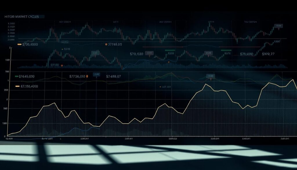 A detailed historical chart of the major cryptocurrency market cycles, depicted in a sleek, data-driven visualization. The foreground features a series of undulating price curves, charting the rise and fall of Bitcoin and Ethereum over the past decade. The middle ground showcases key support and resistance levels, denoted by clean, geometric lines. In the background, a tapestry of candlestick graphs and technical indicators provides deeper context, rendered in a muted color palette that evokes the gravitas of financial analysis. The lighting is crisp and directional, casting subtle shadows that enhance the sense of depth and dimensionality. The overall composition conveys the rhythmic, cyclical nature of the crypto markets, inviting the viewer to discern patterns and trends. A detailed historical chart of the major cryptocurrency market cycles, depicted in a sleek, data-driven visualization. The foreground features a series of undulating price curves, charting the rise and fall of Bitcoin and Ethereum over the past decade. The middle ground showcases key support and resistance levels, denoted by clean, geometric lines. In the background, a tapestry of candlestick graphs and technical indicators provides deeper context, rendered in a muted color palette that evokes the gravitas of financial analysis. The lighting is crisp and directional, casting subtle shadows that enhance the sense of depth and dimensionality. The overall composition conveys the rhythmic, cyclical nature of the crypto markets, inviting the viewer to discern patterns and trends.