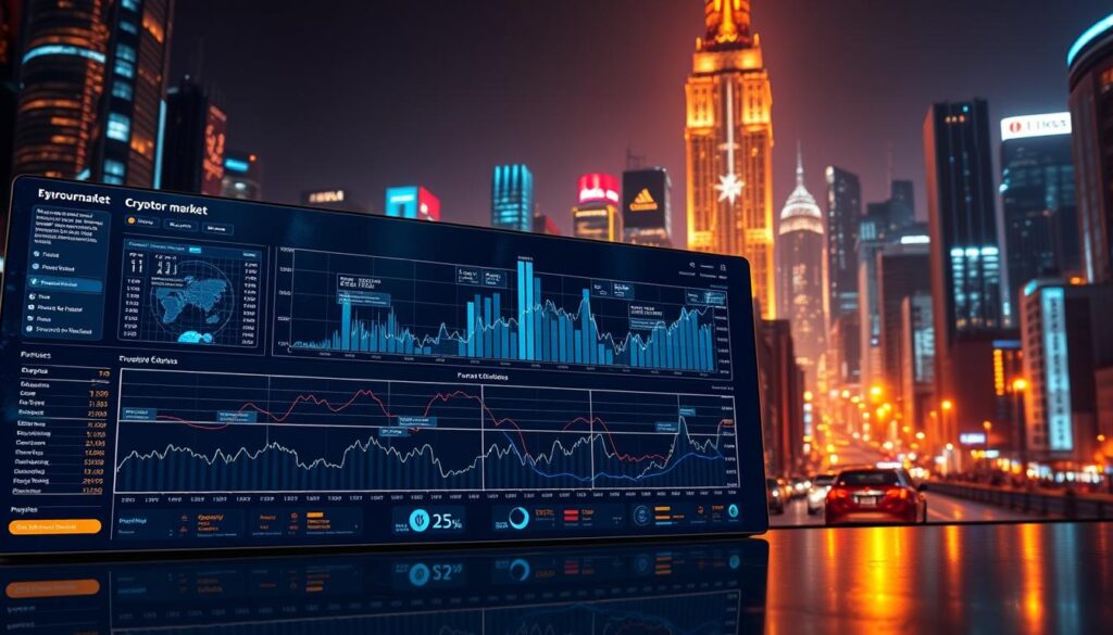 A detailed historical data visualization depicting the evolution of the cryptocurrency market. In the foreground, a sleek dashboard showcases a timeline of market trends, key metrics, and data-driven insights. Surrounding it, a middle ground of holographic charts, graphs, and visualizations pulsates with dynamic energy. The background frames this with a futuristic cityscape, lit by the neon glow of towering skyscrapers and the ethereal shimmer of digital infrastructure. Warm lighting casts an authoritative, yet captivating atmosphere, inviting the viewer to delve into the compelling narrative of the cryptocurrency market's historical progression. A detailed historical data visualization depicting the evolution of the cryptocurrency market. In the foreground, a sleek dashboard showcases a timeline of market trends, key metrics, and data-driven insights. Surrounding it, a middle ground of holographic charts, graphs, and visualizations pulsates with dynamic energy. The background frames this with a futuristic cityscape, lit by the neon glow of towering skyscrapers and the ethereal shimmer of digital infrastructure. Warm lighting casts an authoritative, yet captivating atmosphere, inviting the viewer to delve into the compelling narrative of the cryptocurrency market's historical progression.