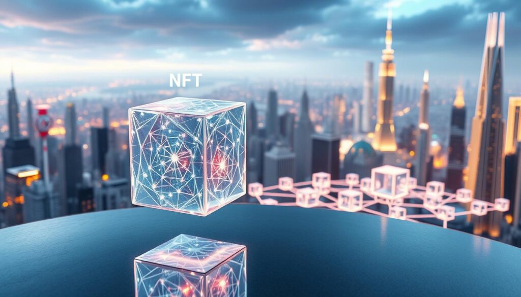 A detailed, hyperrealistic digital illustration depicting blockchain-secured digital assets. In the foreground, a shimmering, holographic cube representing a non-fungible token (NFT) floats above a polished, metallic surface. The cube's facets display a procedurally-generated, abstract pattern that shifts and changes. In the middle ground, a series of similar cubes orbit the central NFT, connected by glowing, neon-like lines that represent the blockchain network. In the background, a vast, futuristic cityscape stretches out, its towering skyscrapers and gleaming spires hinting at a thriving digital economy powered by these secure, blockchain-based digital assets. The scene is bathed in a cool, blue-tinted lighting that lends an air of technological sophistication.