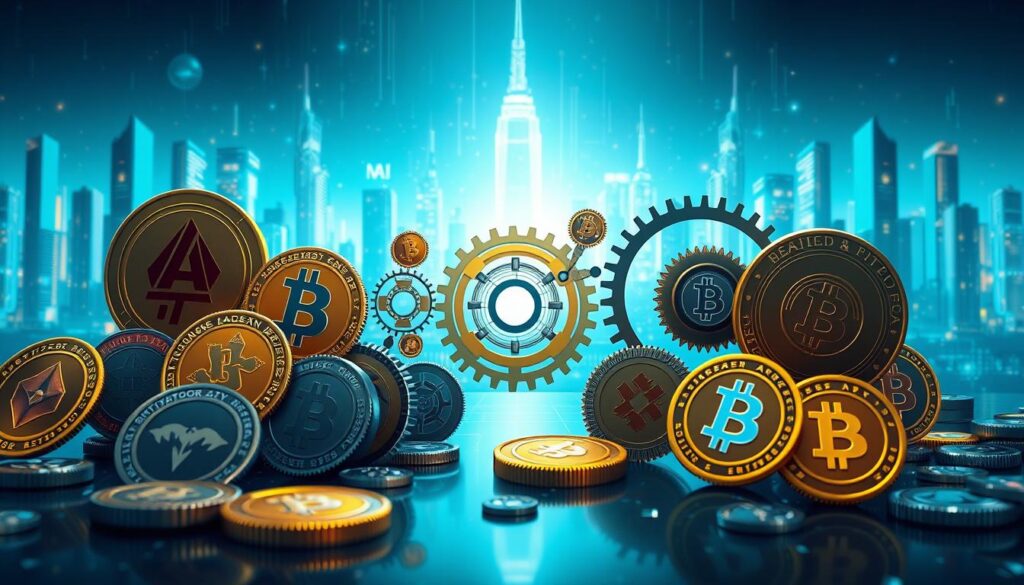 A detailed illustration of AI crypto token supply mechanisms. In the foreground, various cryptocurrency tokens in different geometric shapes and sizes, each with a unique symbol or logo, are arranged in a visually striking composition. In the middle ground, a series of interconnected gears, levers, and other mechanical elements depict the intricate inner workings of the token burn and deflationary model. The background features a futuristic cityscape with skyscrapers and glowing neon lights, suggesting the integration of these blockchain-based financial mechanisms within a technologically advanced urban landscape. The scene is bathed in a cool, blue-tinted lighting that enhances the sense of technological sophistication and innovation.
