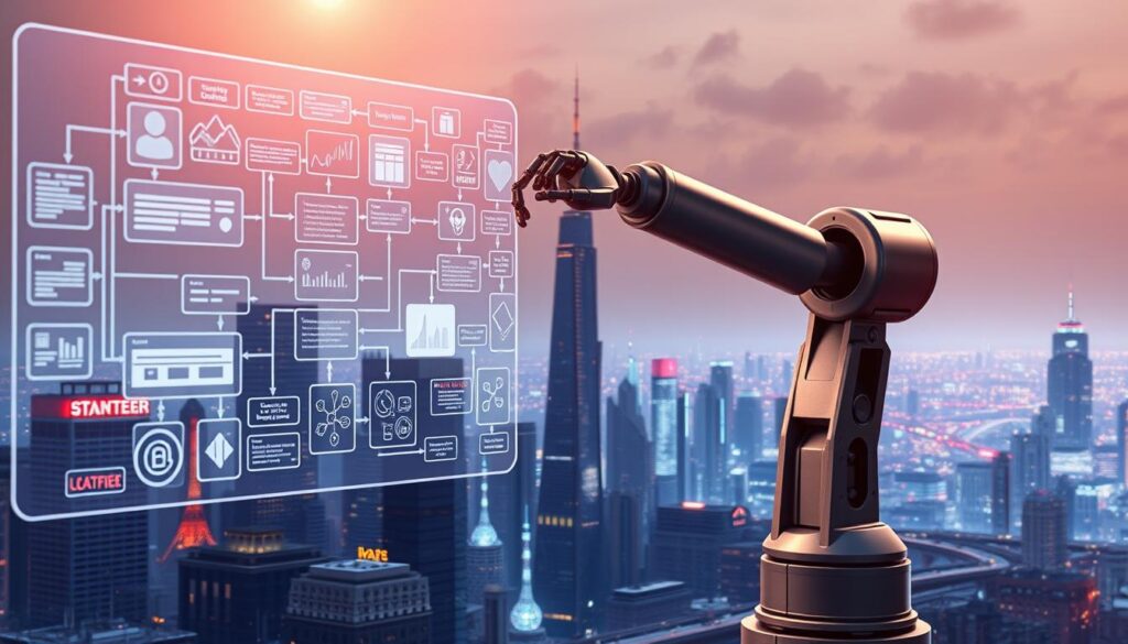 A detailed illustration of smart contracts automation. In the foreground, a holographic interface displays interconnected smart contracts, their execution visualized through dynamic flow charts and data visualizations. In the middle ground, a robotic arm autonomously executes contractual terms, seamlessly integrating with IoT devices and financial systems. The background depicts a cityscape of skyscrapers and infrastructure, representing the broader distributed ledger ecosystem. The scene is bathed in a warm, futuristic glow, conveying the efficiency and reliability of this automated, blockchain-powered workflow. A detailed illustration of smart contracts automation. In the foreground, a holographic interface displays interconnected smart contracts, their execution visualized through dynamic flow charts and data visualizations. In the middle ground, a robotic arm autonomously executes contractual terms, seamlessly integrating with IoT devices and financial systems. The background depicts a cityscape of skyscrapers and infrastructure, representing the broader distributed ledger ecosystem. The scene is bathed in a warm, futuristic glow, conveying the efficiency and reliability of this automated, blockchain-powered workflow.