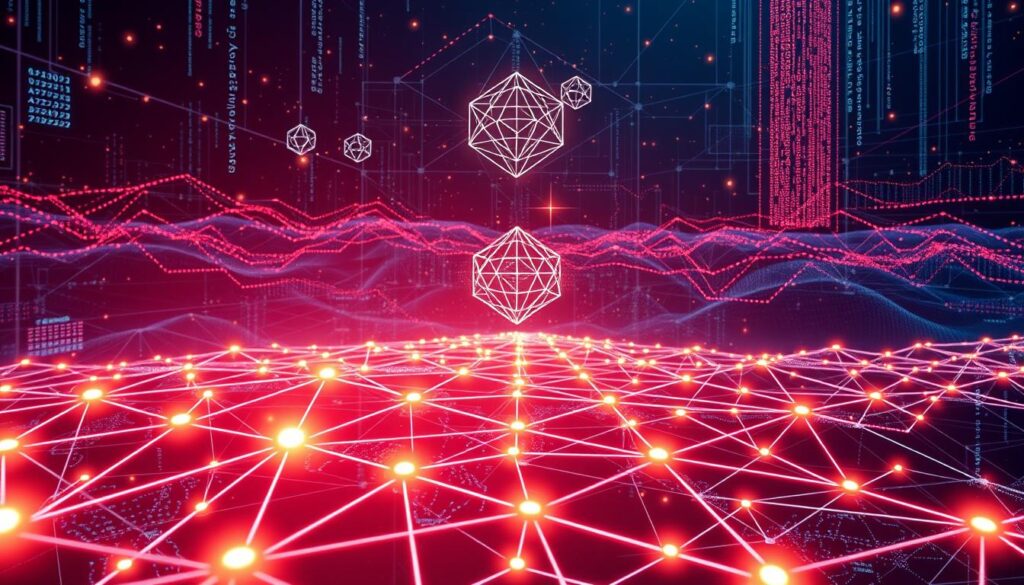 A detailed illustration of the blockchain validation process. In the foreground, a network of interconnected nodes verifies and validates new transactions, glowing with a futuristic, neon-like energy. In the middle ground, a series of interlocking geometric shapes and cryptographic algorithms visualize the complex computational processes that secure the blockchain. The background depicts a vast, ethereal landscape of networked data, with shimmering lines of code and cascading streams of digital information. The overall scene conveys a sense of technological elegance, scientific precision, and the immutable integrity of the blockchain's decentralized infrastructure. A detailed illustration of the blockchain validation process. In the foreground, a network of interconnected nodes verifies and validates new transactions, glowing with a futuristic, neon-like energy. In the middle ground, a series of interlocking geometric shapes and cryptographic algorithms visualize the complex computational processes that secure the blockchain. The background depicts a vast, ethereal landscape of networked data, with shimmering lines of code and cascading streams of digital information. The overall scene conveys a sense of technological elegance, scientific precision, and the immutable integrity of the blockchain's decentralized infrastructure.