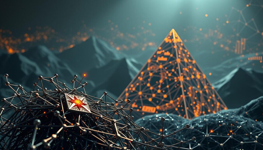 A detailed, intricately designed scene depicting sophisticated machine learning models. In the foreground, a cluster of sleek, futuristic neural networks in shimmering metallic hues, their intricate layers and nodes pulsing with dynamic energy. In the middle ground, a towering data visualization pyramid, its facets displaying a kaleidoscope of algorithms, charts, and predictive analytics. The background is filled with a dynamic, wireframe landscape of blockchain transactions, secured by the seamless integration of AI and cryptographic protocols. Dramatic lighting casts dramatic shadows, conveying a sense of power and technological sophistication. The overall mood is one of cutting-edge innovation, efficiency, and the convergence of artificial intelligence and blockchain technology.