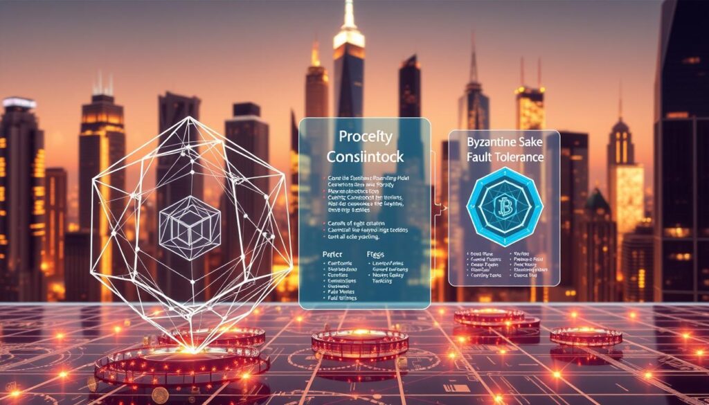 A detailed, multi-layered illustration showcasing the core blockchain consensus mechanisms. In the foreground, a transparent 3D geometric visualization of different consensus protocols, including Proof-of-Work, Proof-of-Stake, and Byzantine Fault Tolerance. In the middle ground, a holographic interface displaying the technical specifications and inner workings of each mechanism. In the background, a futuristic cityscape with towering skyscrapers, illuminated by a warm, diffused lighting that creates a sense of technological sophistication. The overall scene should convey the complexity, interdependence, and cutting-edge nature of these crucial blockchain consensus algorithms.